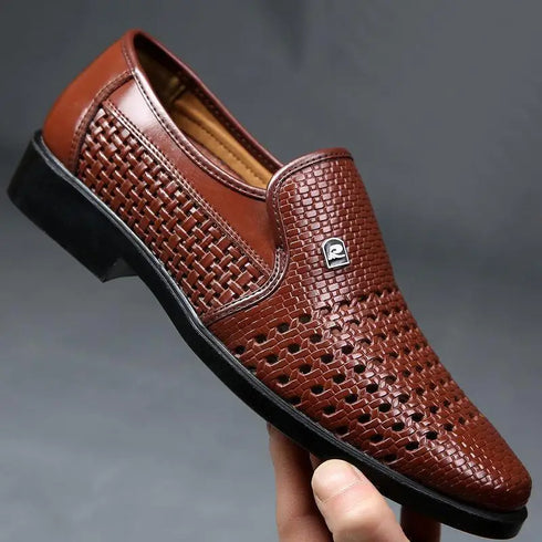 Elegant Men's Business Leather Sandals - Soft Bottom Hollow Hole Design for Middle-Aged and Elderly Dads - Comfortable Slip-On Footwear for Office and Career